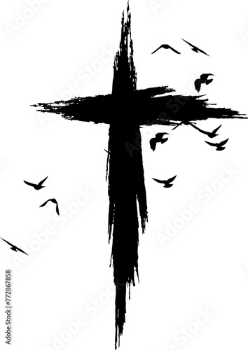 Cross silhouette in hand-painted style. Religion symbol with flying birds