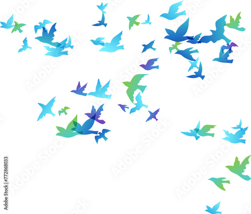 Flying rainbow birds. Decoration element from scattered colorful silhouettes.