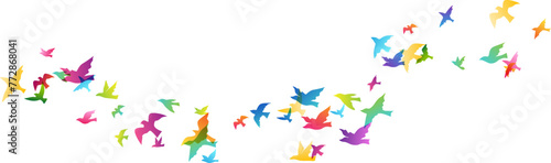Flying rainbow birds. Decoration element from scattered colorful silhouettes.