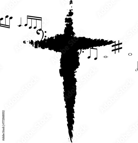 Cross silhouette in hand-painted style. Religion symbol  with flying music notes