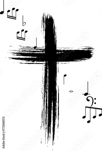 Cross silhouette in hand-painted style. Religion symbol  with flying music notes
