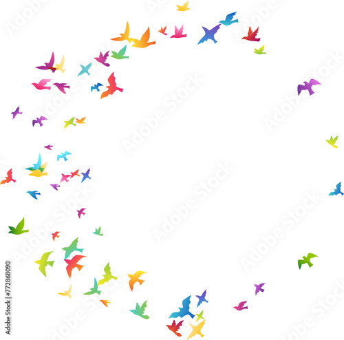Flying rainbow birds. Decoration element from scattered colorful silhouettes.