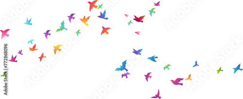 Flying rainbow birds. Decoration element from scattered colorful silhouettes.