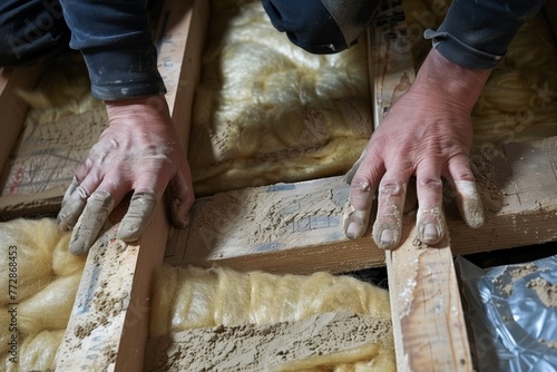 hands laying mineral wool batts between floor joists photo