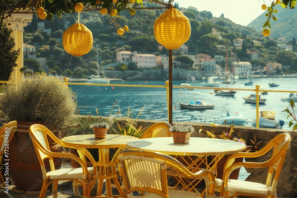 Breakfast on a seaside terrace, styled in quaint yellow and gold accents, offering a charming and serene dining experience with ocean views.