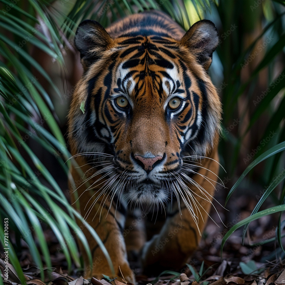 Obraz premium Endangered Sumatran tiger coming out of the jungle in a wildlife preserve in America ai technology