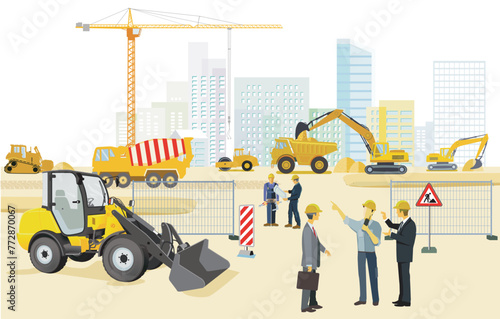 Handwerker und Bauarbeiter auf der Baustelle mit Baumaschinen,  illustration