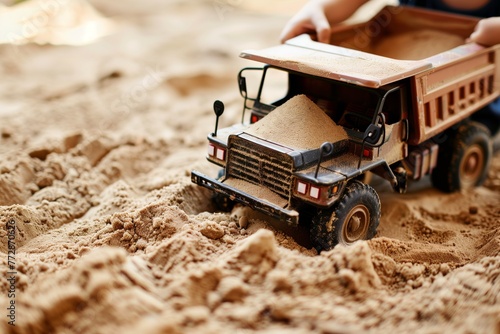 kid pretending to drive a toy dump truck filled with sand photo