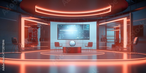 minimalistic design 3d virtual news studio. Announcer Table with night city background and floodlights