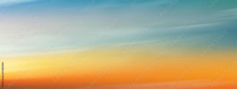 Sky Blue with cloud background,Vector Horizon beach sunset with yellow,pink,orange,red in Spring,Panorama beautiful Nature morning sunrise sky in Summer,Banner Romantic Sky landscape background. - obrazy, fototapety, plakaty 