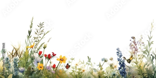 minimalistic design Floral border. The watercolor illustration features assorted wildflowers, grass, and greenery--a colorful flower painting