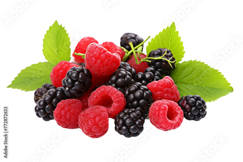 Raspberries and Blackberries With Leaves on White Background. On a White or Clear Surface PNG Transparent Background..
