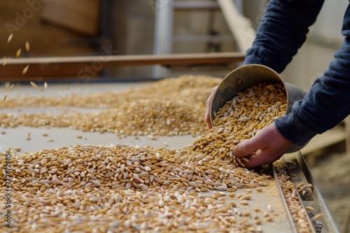 person pouring out wheat on a table to sort it manually photo