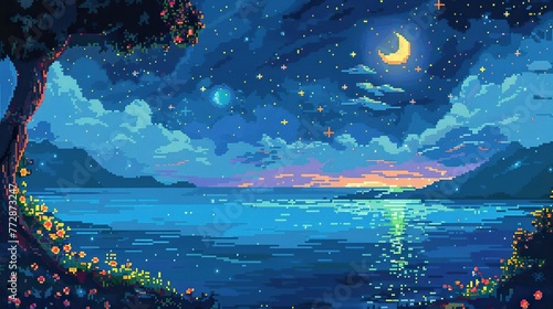A serene landscape featuring water under a vast sky, blending elements of a lake and ocean, with clouds, stars, and the moon reflecting in the water, capturing the beauty of nature and the tranquility