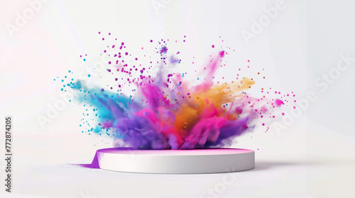 3D podium whit colorful smoke. Scene is energetic and dynamic. 3D podium with Abstract explosion of colored powder colorful paint splashes, Empty stage display presentation product, isolated on white