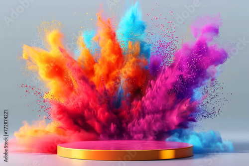 3D podium whit colorful smoke. Scene is energetic and dynamic. 3D podium with Abstract explosion of colored powder colorful paint splashes, Empty stage display presentation product, isolated on white