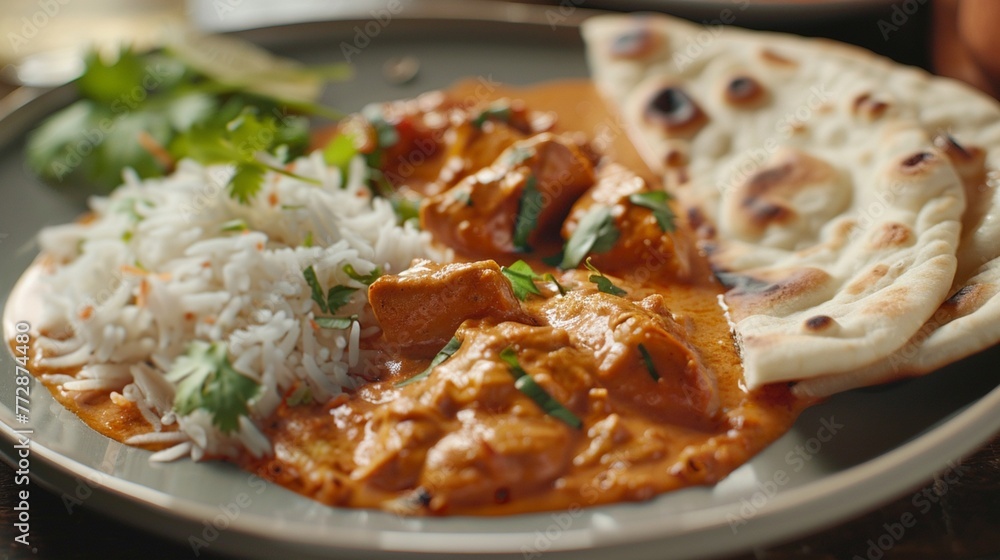 A tantalizing plate of butter chicken, featuring tender pieces of chicken simmered in a creamy tomato-based sauce with butter, cream A tantalizing plate of butter chicken, featuring tender pieces of chicken simmered in a creamy tomato-based sauce with butter, cream