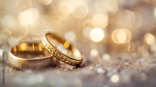Golden wedding rings with bokeh lights in dreamlike selective focus background. Enchanted wedding bands on glittering background. Wedding rings banner with magical shimmer, commercial wedding ads