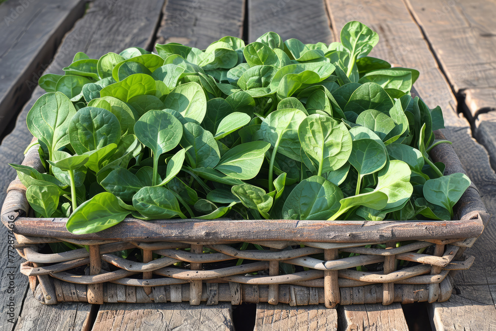A basket full of green plants sits on a wooden table. The basket is filled with including spinach and lettuce. A basket filled with spinach leaves, a leaf vegetable, sits on a wooden table.