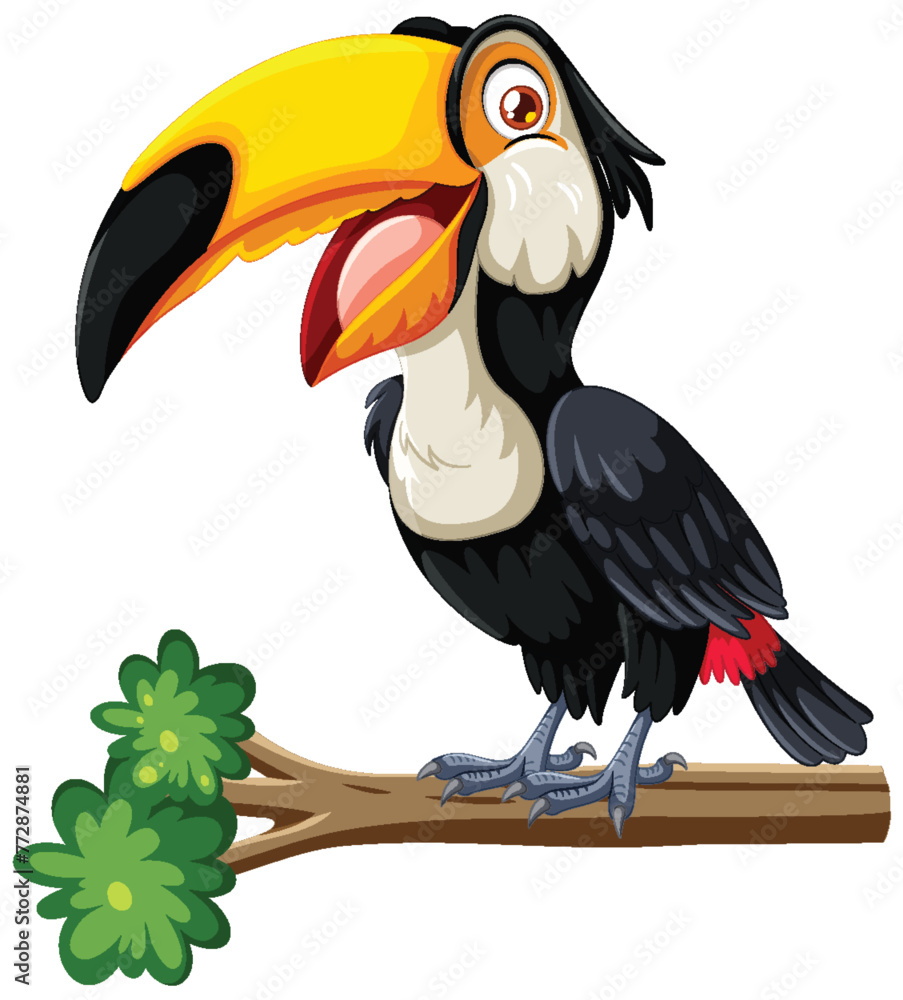 Fototapeta premium Vector graphic of a vibrant toucan perched on wood.