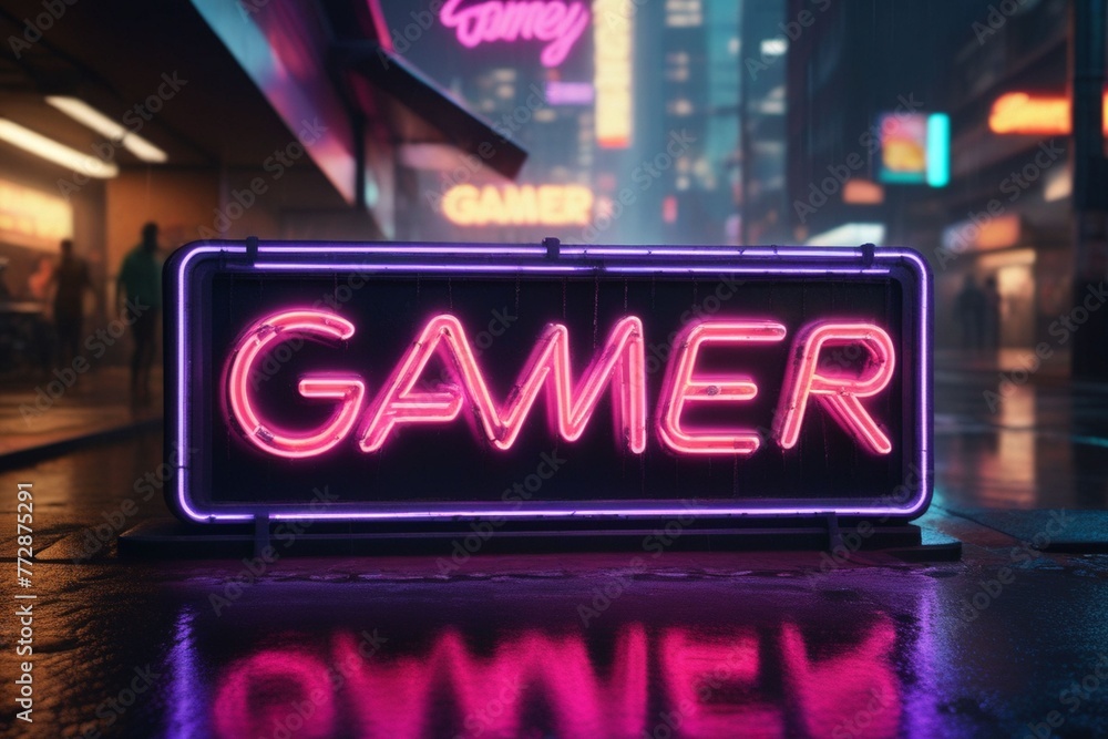 Slogan gamer neon light sign text effect on a rainy night street, horizontal composition	
