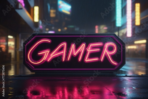 Slogan gamer neon light sign text effect on a rainy night street, horizontal composition 