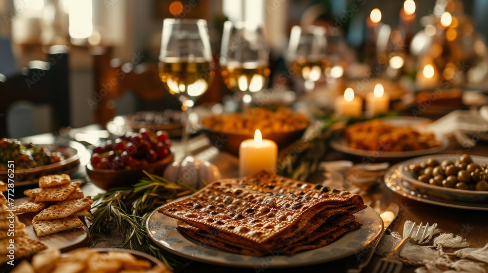 Warm and Inviting Passover Seder Table with Lit Candles and Matzah Display