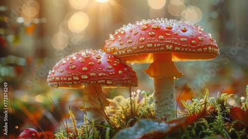 Mystical Autumn Forest with Sunlit Dewy Fly Agaric Mushrooms Emanating Warmth and Enchantment
