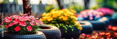 Decorative use of old tires in gardening, an example of innovative recycling and colorful outdoor design photo