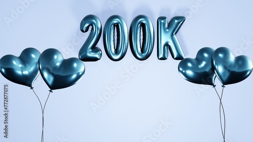 200k , 200000 followers, subscribers, likes celebration background with heart shaped helium air balloons and balloon texts on light blue background 8k illustration. photo