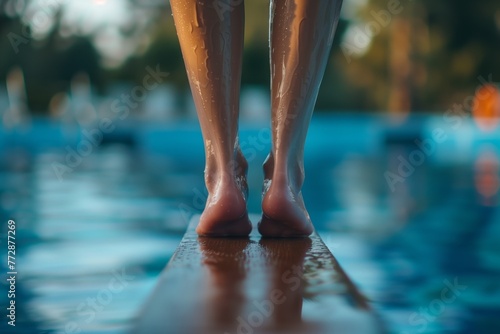 closeup of feet poised to jump off the end of a diving board