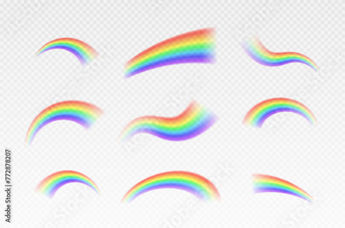 Bright realistic arch rainbows and round halo rainbow. Fantasy symbol of good luck. Natural arcuate phenomenon in the sky. Multicolor circular arc. The symbol of rain, sky, clear, nature.
