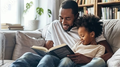 A father and child reading a book together on the couch. 
