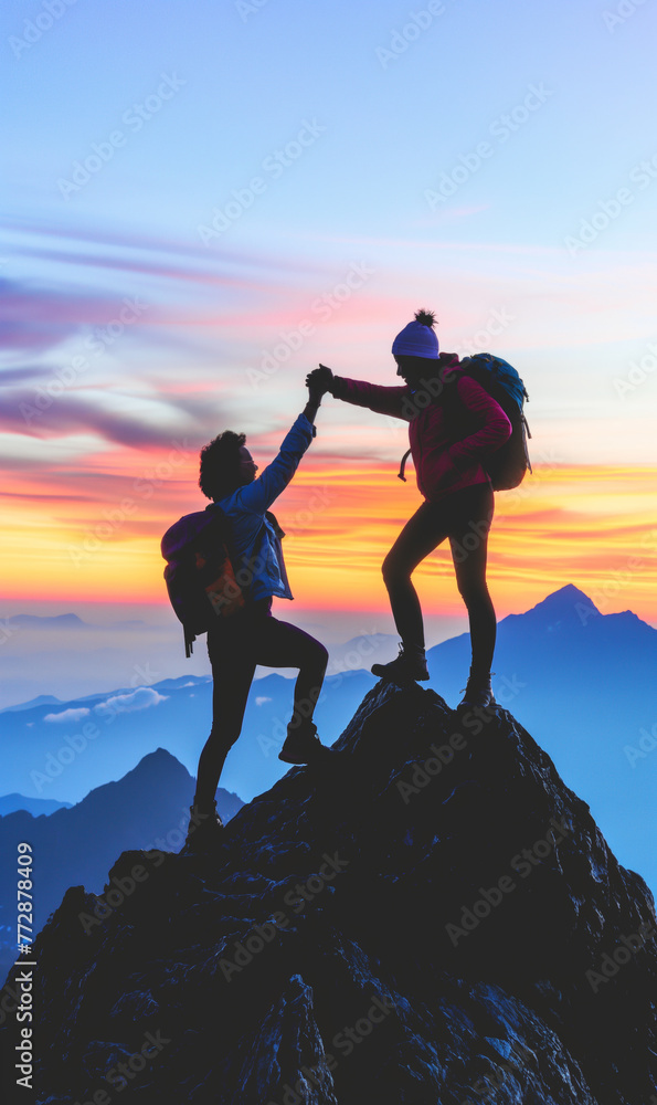 Silhouette of two people celebrating success on mountain top,