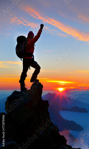 Hiker with backpack standing on top of a mountain with raised hands and enjoying sunrise