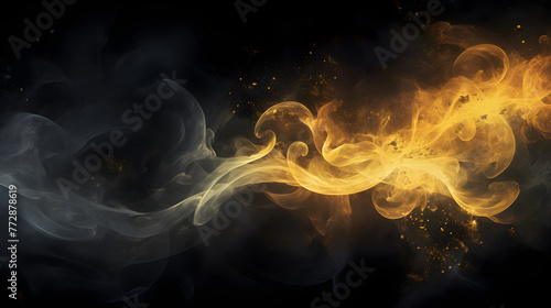 Abstract patterns of swirling yellow and gold smoke on a dark background with copy space