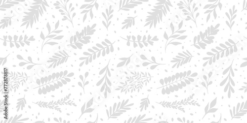Minimalist elegant leaf nature background, white vector repeat pattern wallpaper with leaves
