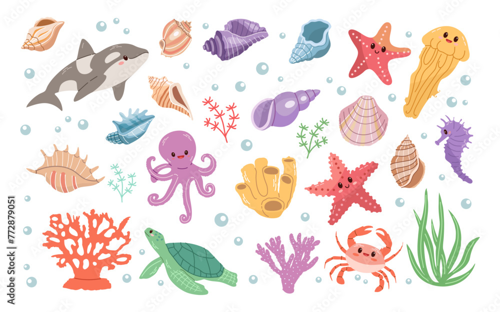 Sea animals. Hand-drawn sea life creatures and elements. Vector doodle cartoon set of marine life objects. Flat illustration on white background. Collection for stickers. Sea animals. Hand-drawn sea life creatures and elements. Vector doodle cartoon set of marine life objects. Flat illustration on white background. Collection for stickers.