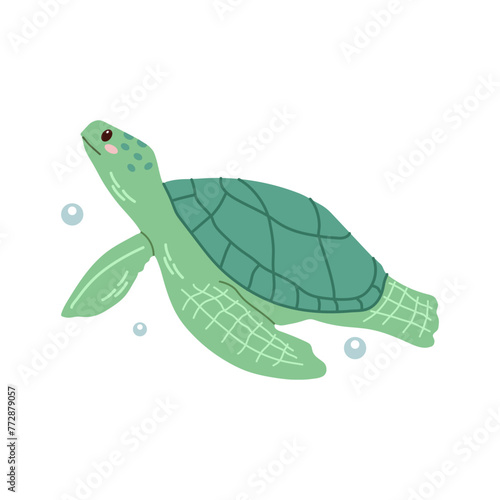 Cute hand-drawn colored marine green turtle in flat style, ocean aquatic underwater kawaii vector. Vector cartoon illustration on white background.
