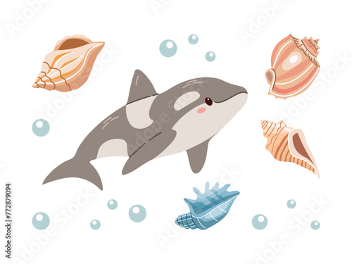 Sea animals. Hand-drawn sea killer whale and shells. Vector doodle cartoon set of marine life objects. Flat illustration on white background. Collection for stickers.