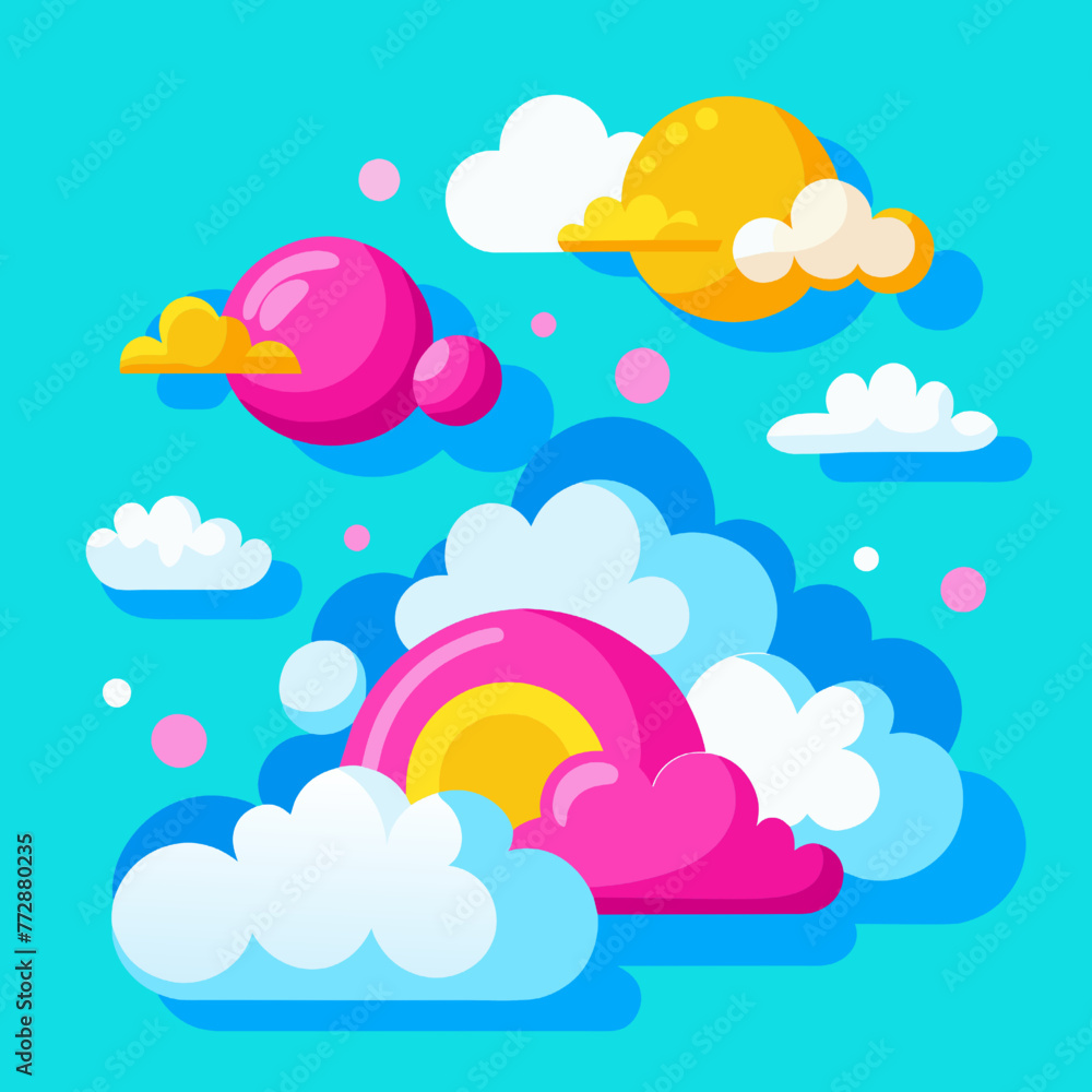 Cute cartoon clouds and sun. Vector illustration in flat style.