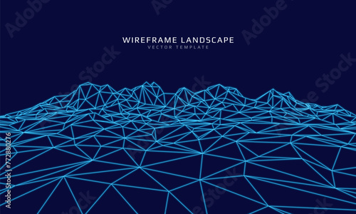 Wireframe landscape. Futuristic 3d mesh background. Digital polygonal hills technology. Vector illustration.