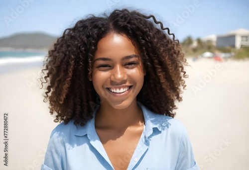 Smiling Latin Woman by the Sea Beach Portrait