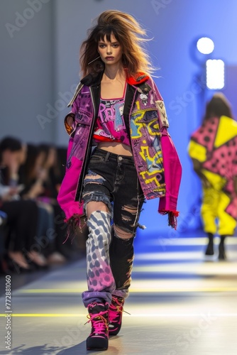 Professional Photography of a Supermodel Showcasing Bold and Edgy Streetwear Designs on the Catwalk  Generative AI