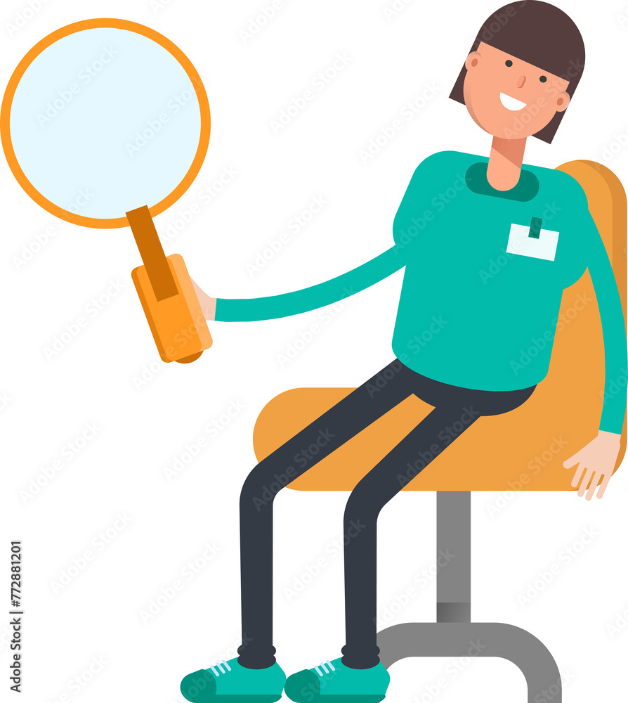 Woman Staff Character Sitting and Holding Magnifier

