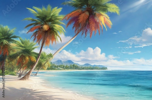 A vibrant beach scene with crystal clear waters and palm trees swaying in the warm breeze