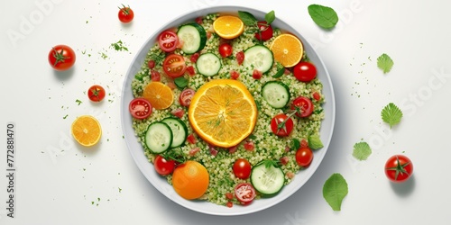 minimalistic design Quinoa tabbouleh salad with red cherry tomatoes, orange paprika, avocado,