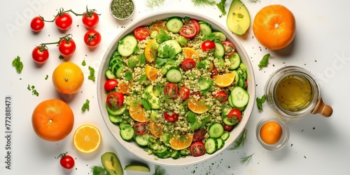 minimalistic design Quinoa tabbouleh salad with red cherry tomatoes, orange paprika, avocado, photo