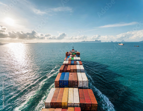 Cargo ship loaded with containers Sailing off the sea with a cloudy background