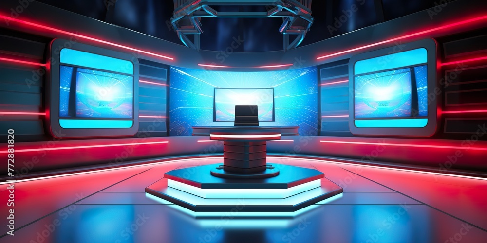 minimalistic design Studio interior for news broadcasting, vector empty placement with anchorman table - obrazy, fototapety, plakaty 
